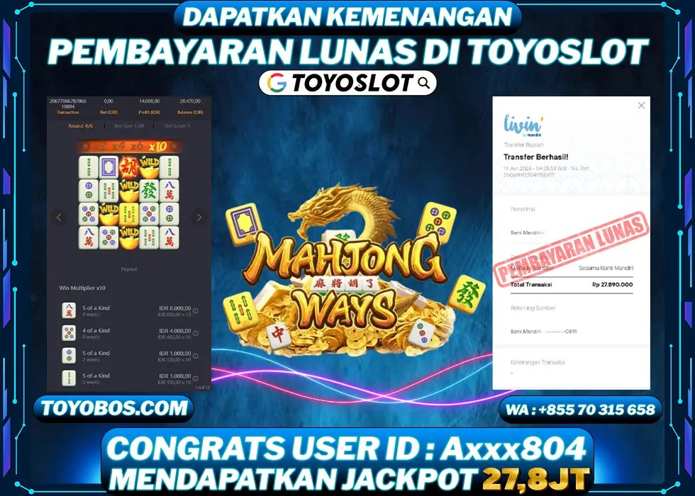 TOYOSLOT - BUKTI KEMENANGAN Mahjong Ways Rp27,800,000,- LUNAS